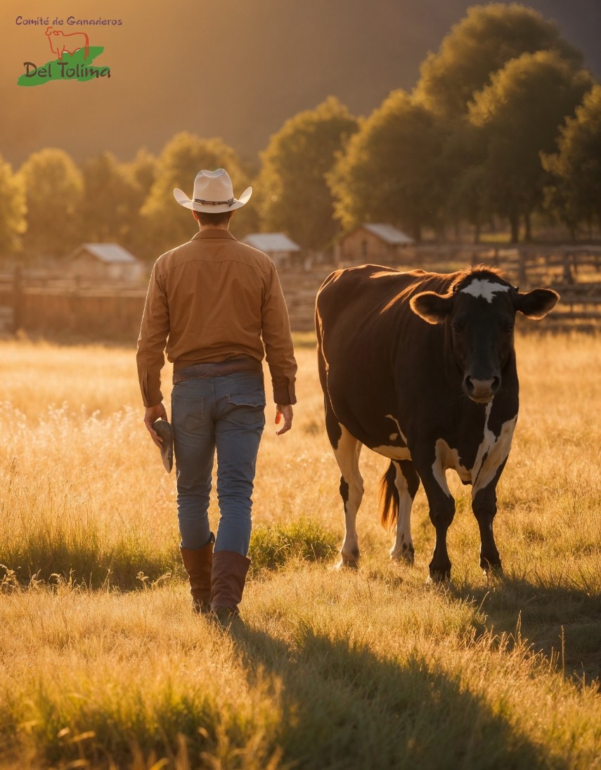 Ganadero caminando junto a una vaca en un campo al atardecer, con el logo del Comité de Ganaderos del Tolima en la esquina superior izquierda