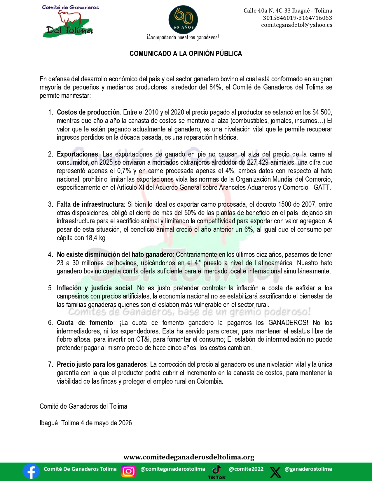 COMUNICADO A LA OPINIÓN PÚBLICA